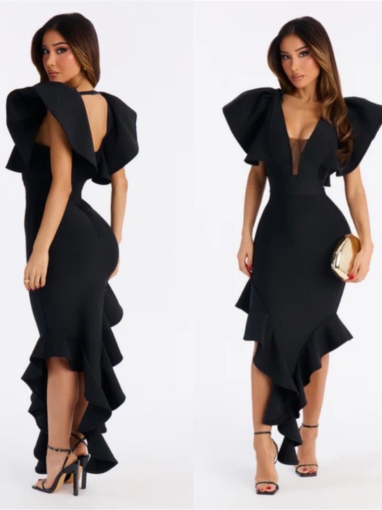 Fashion Nova Dresses & Skirts - Elegant Black asymmetrical Ruffle Dress with Statement Sleeves